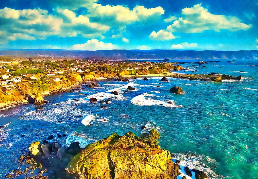 The rocky Pacific coast near Crescent City, California - watercolor painting Digital Art by Nicko Prints