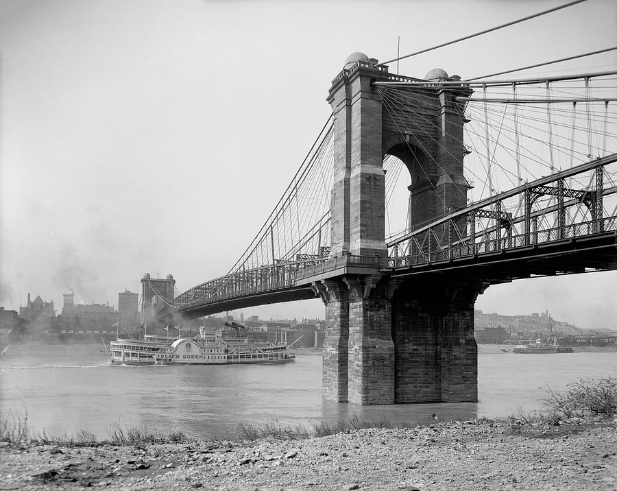The Roebling Suspension Bridge and Paddle Steamer - Cincinnati - Circa 1907 Photograph by War Is Hell Store