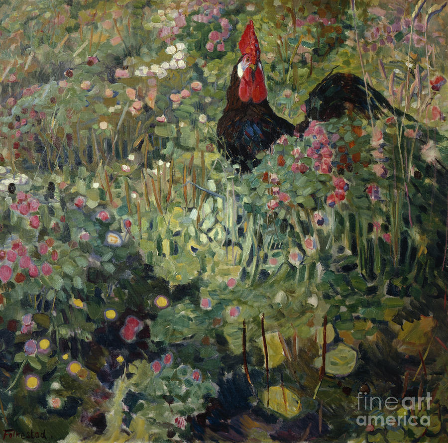 The rooster Painting by O Vaering by Bernhard Folkestad