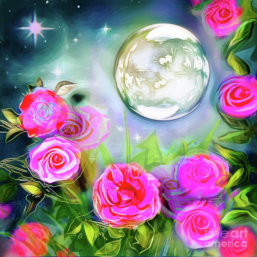 The Roses Adoring The Moon Digital Art by BelleAme Sommers