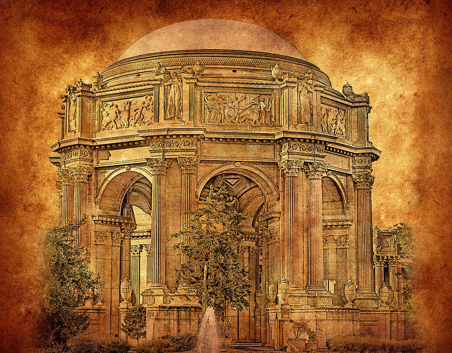 The rotunda of the Palace of Fine Arts in San Francisco, blended on old paper Digital Art by Nicko Prints