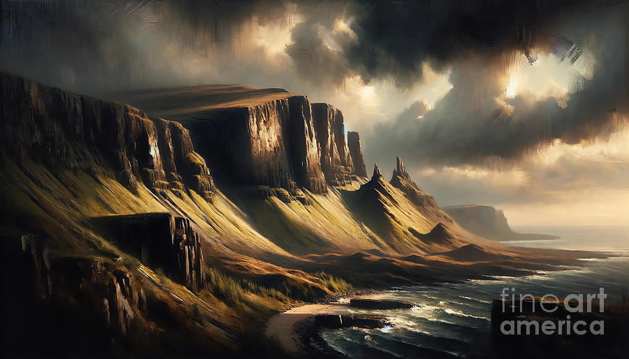 Nature Painting - The rugged cliffs of the Scottish Highlands, under a stormy sky in a traditional oil painting style. by Jeff Creation