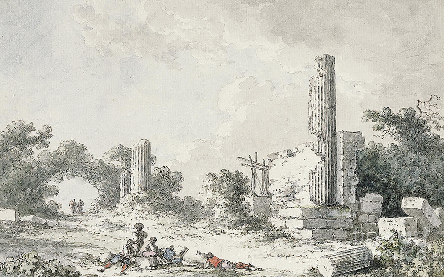 The ruins of the Temple of Castor and Pollux, Agrigento, with artists sketching Drawing by Claude Louis Chatelet