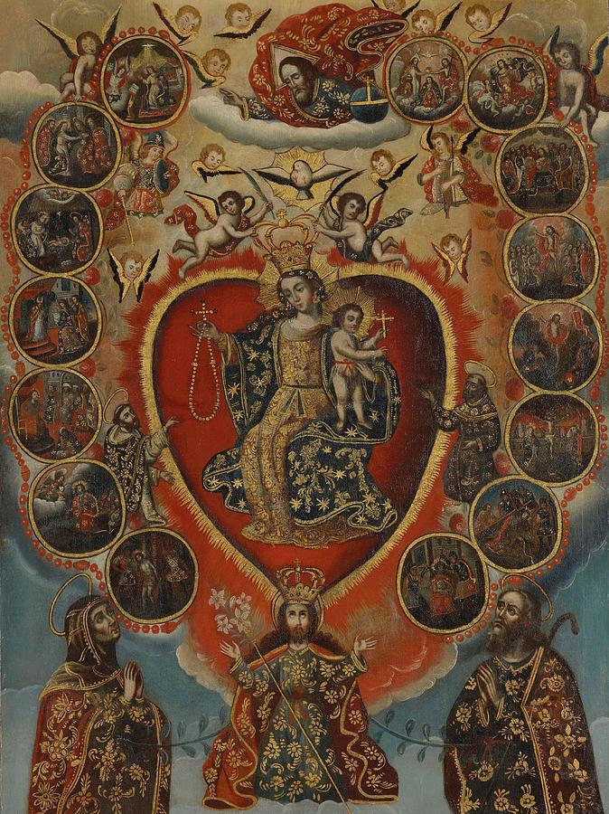 Flower Drawing - The Sacred Heart surrounded by scenes from the life of Christ th CENTURY by Cuzco School