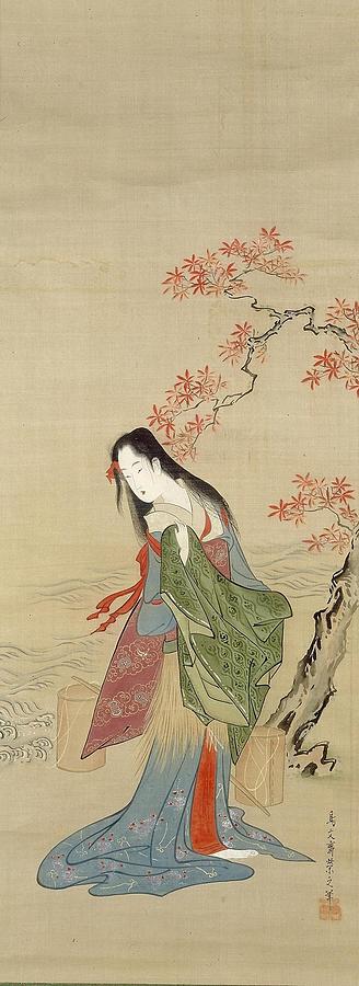 John James Audubon Drawing - The Salt Maidens Matsukaze with Yukihiras Coat c  by Chobunsai Eishi Japanese