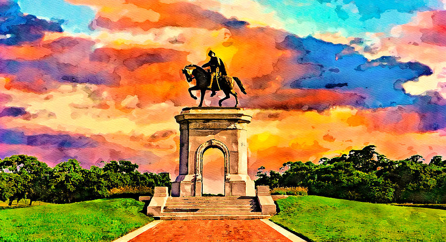 The Sam Houston Monument in the Hermann Park, at sunset - watercolor painting Digital Art by Nicko Prints