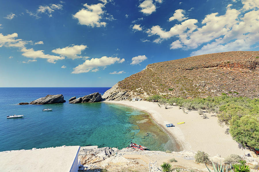 The sandy beach with the church Agios Nikolaos in Folegandros is Photograph by Constantinos Iliopoulos