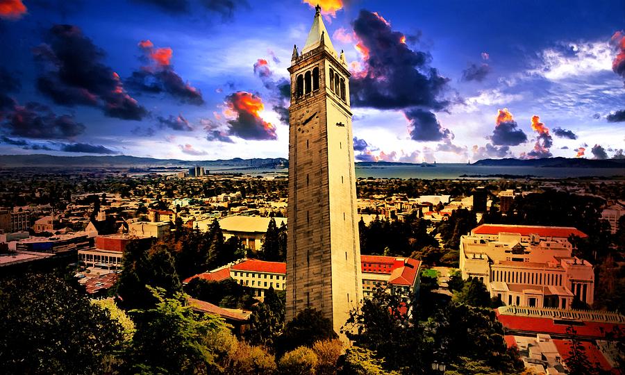 The Sather Tower and a a view to Berkeley Campus, downtown Berkeley and San Francisco Bay at sunrise Digital Art by Nicko Prints