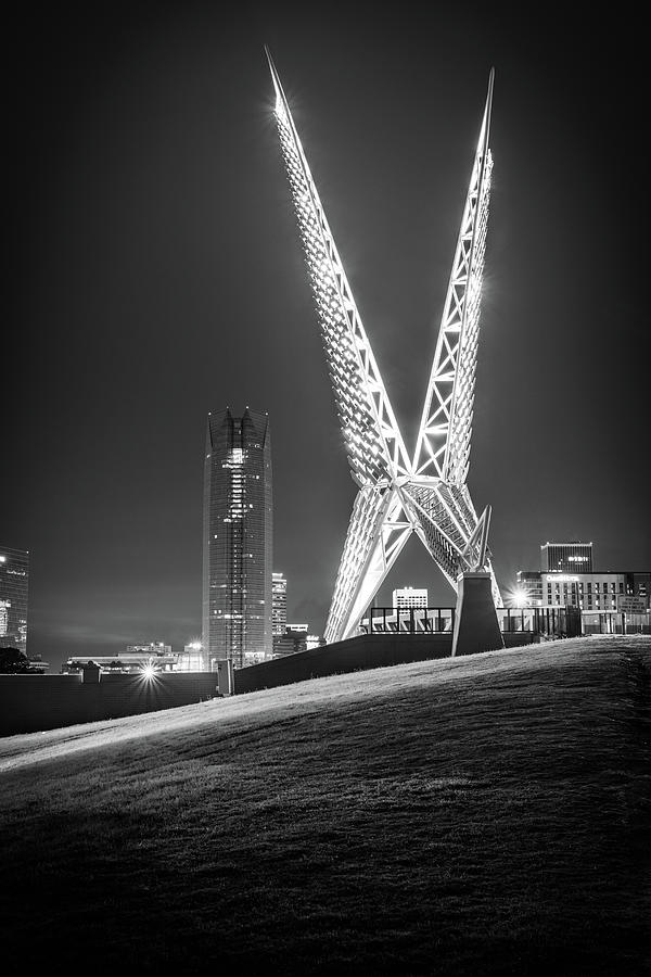 The Scissortail Bridge And Devon Tower At Dusk - OKC Black and White Photograph by Gregory Ballos