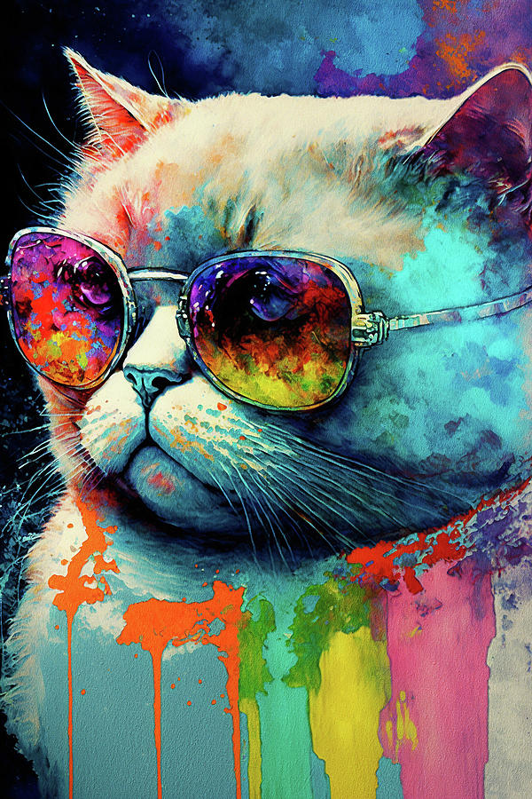 Cat Painting - The scottish fold cat with sunglasses - Composition 001 by Aryu