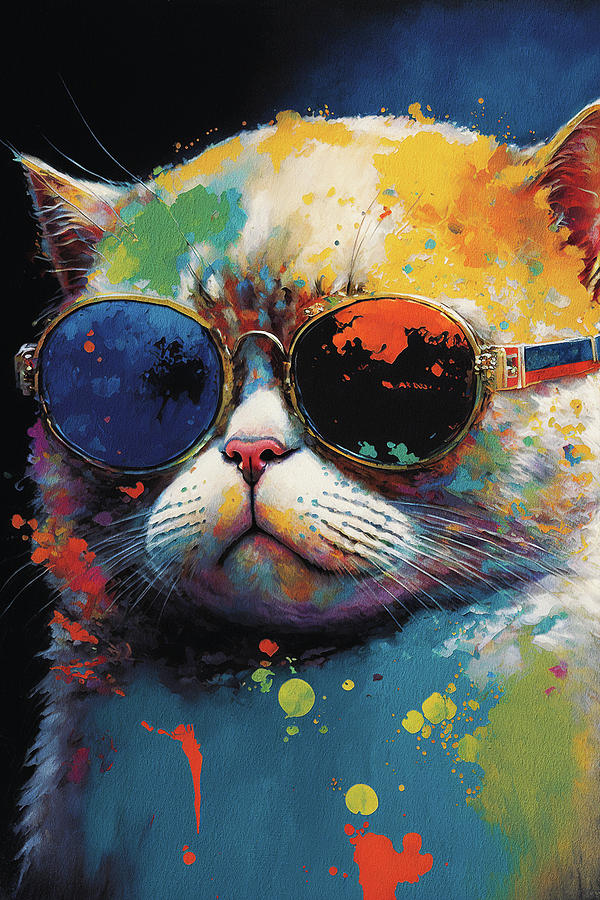 Cat Painting - The scottish fold cat with sunglasses - Composition 005 by Aryu