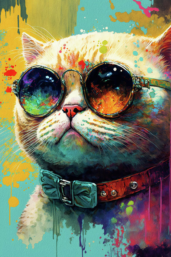 Cat Painting - The scottish fold cat with sunglasses - Composition 006 by Aryu
