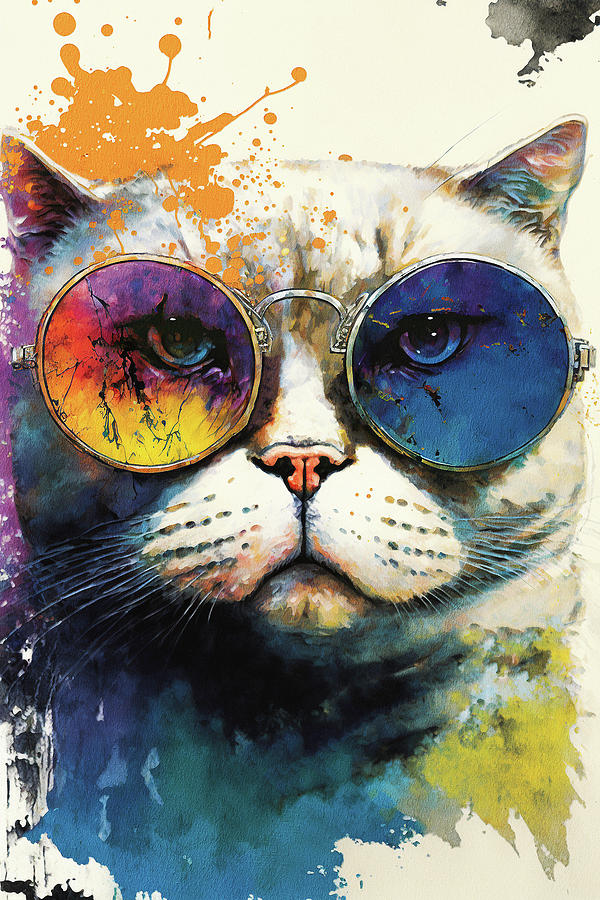 Cat Painting - The scottish fold cat with sunglasses - Composition 007 by Aryu
