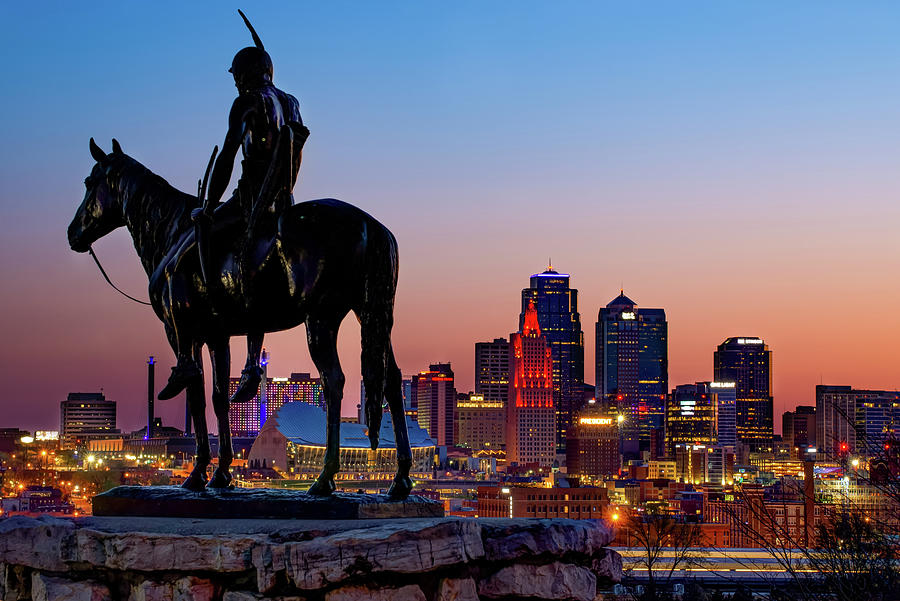 Kansas City Skyline Photograph - The Scout and the Kansas City Downtown Skyline at Dawn by Gregory Ballos
