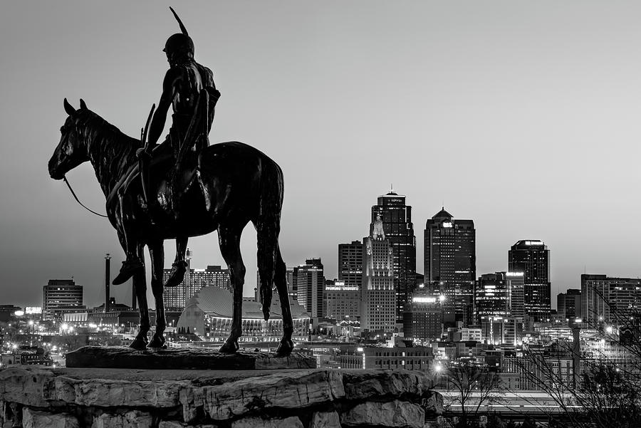 Kansas City Photograph - The Scout and the Kansas City Skyline at Dawn - Black and White by Gregory Ballos