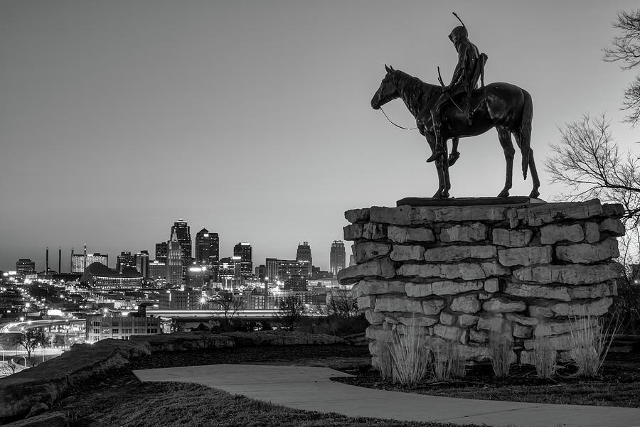 The Scout Overlooking the Kansas City Skyline - Black and White Photograph by Gregory Ballos