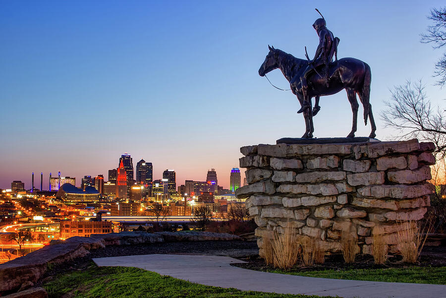 Kansas City Photograph - The Scout Overlooking the Kansas City Skyline by Gregory Ballos