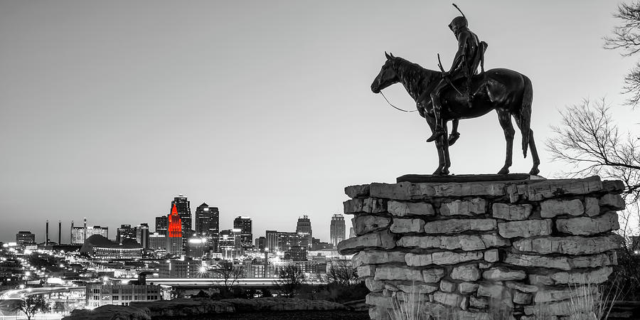 The Scout Statue Overlooking Downtown Kansas City - Selective Color Panorama Photograph by Gregory Ballos