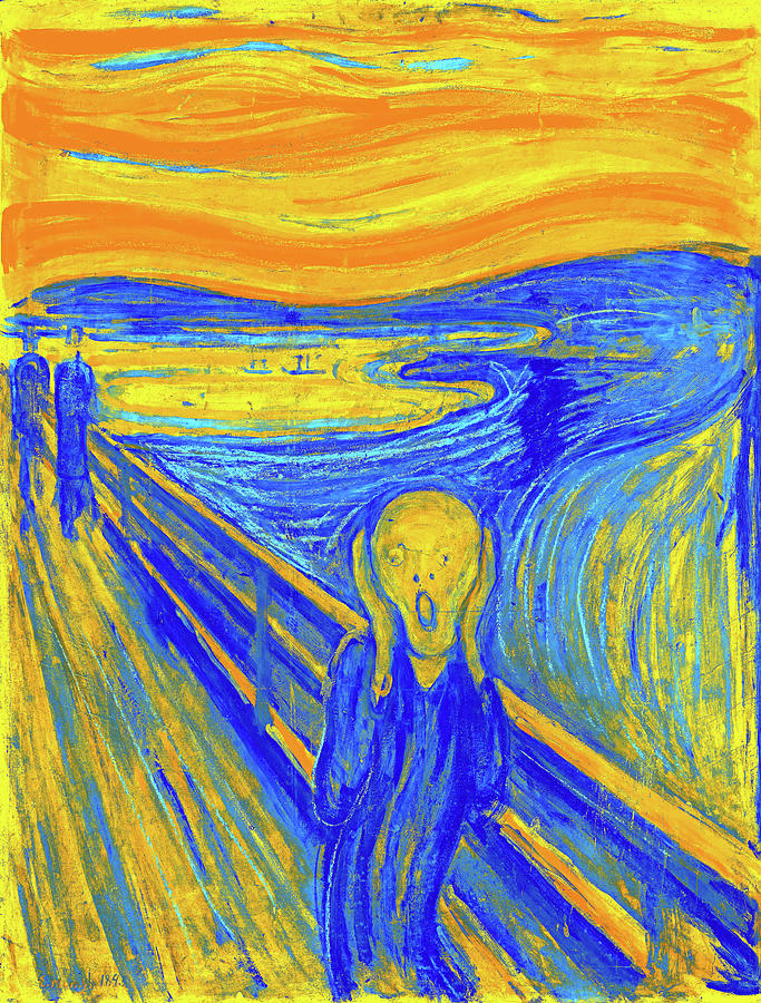 The Scream by Edvard Munch - colorful digital recreation in blue, and orange Digital Art by Nicko Prints
