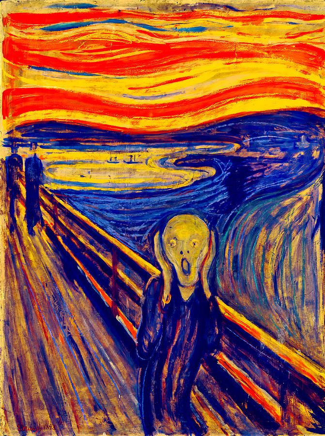 The Scream by Edvard Munch - colorful digital recreation in blue, red and yellow  Digital Art by Nicko Prints