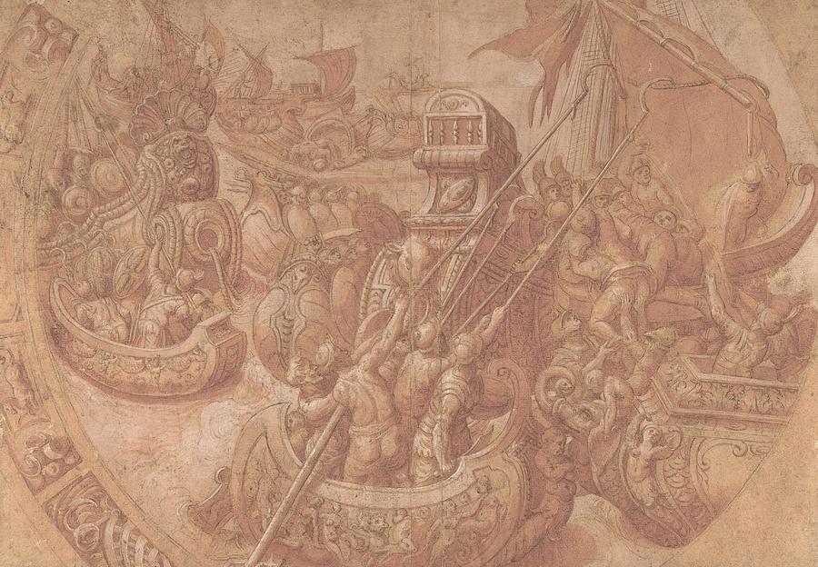 The Beatles Drawing - The Sea Battle in the Gulf of Morbihan th century art by Workshop of Taddeo Zuccaro Italian