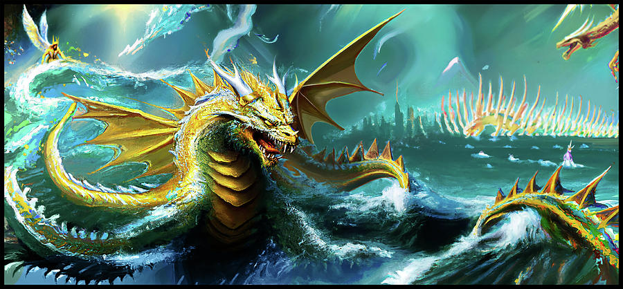 The sea dragon turf battle kaiju mural Mixed Media by Shawn Dall