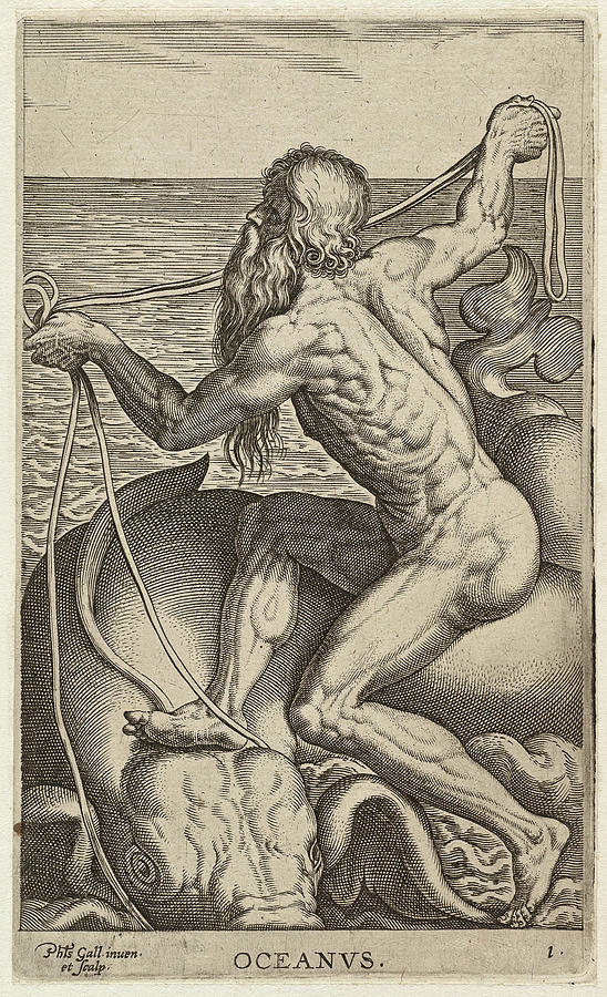 The sea god Oceanus, seated on a sea elephant Drawing by Philip Galle