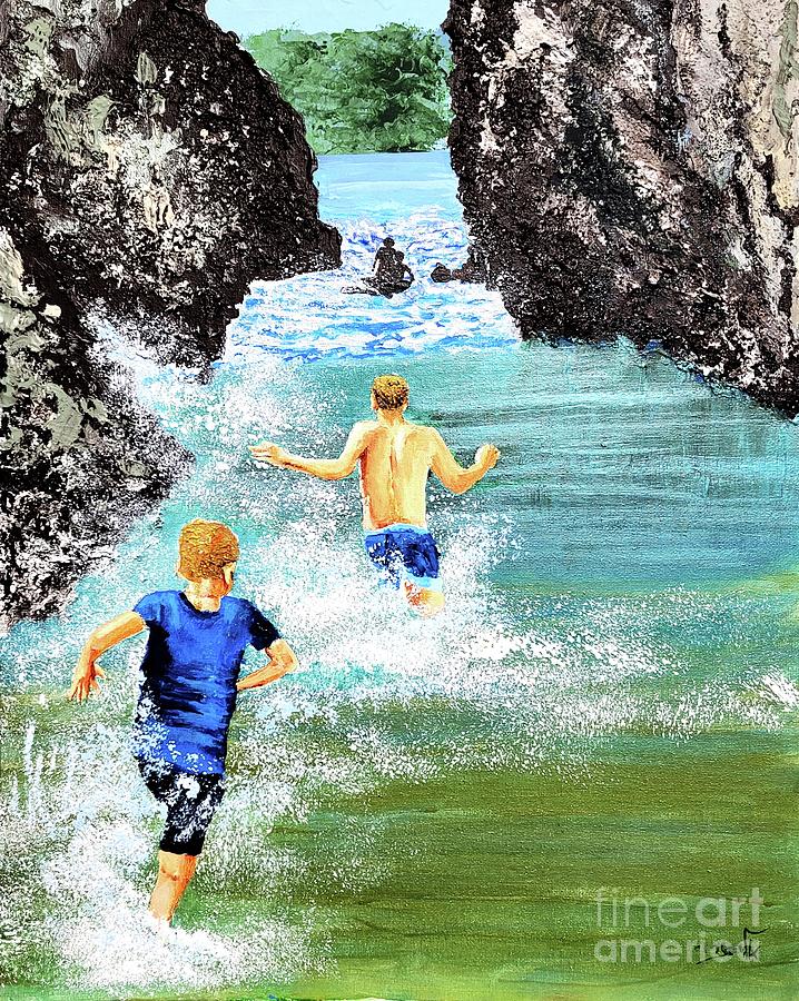 The sea plays with children,  Painting by Eli Gross