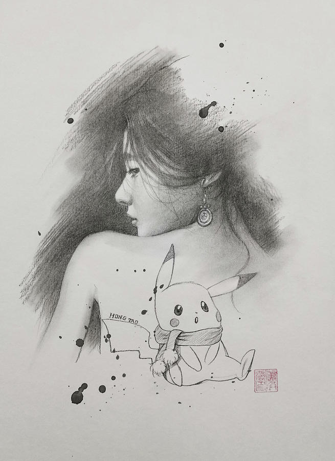 The secret of Pikachu Drawing by Hongtao Huang