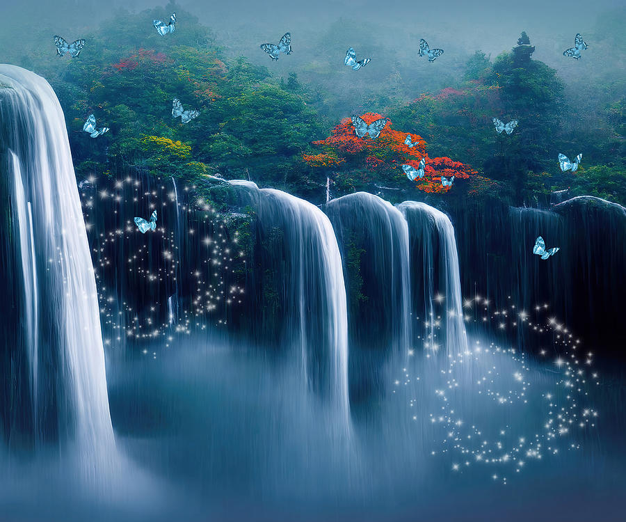 The Secret Waterfall With Blue Butterflies And Stars. Mixed Media by Johanna Hurmerinta
