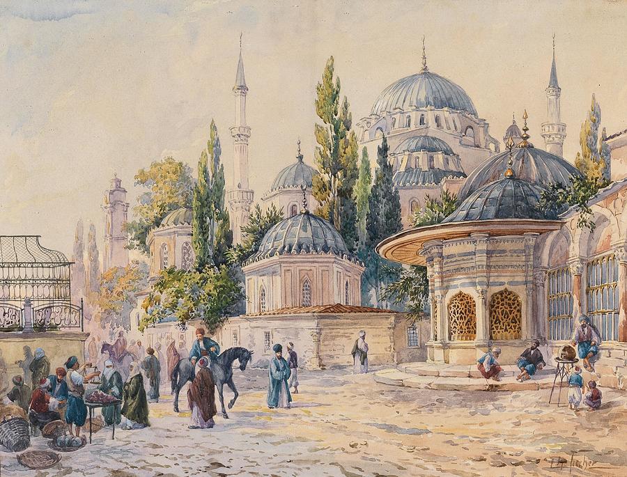 The Beatles Drawing - The Sehzade Mosque in Laleli Istanbul art by Ludwig Hans Fischer German