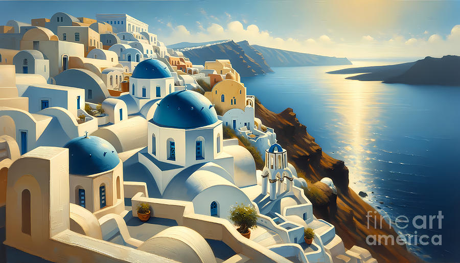 Architecture Painting - The serene blue domes and white walls of Santorini, Greece, with the Aegean Sea in the background by Jeff Creation