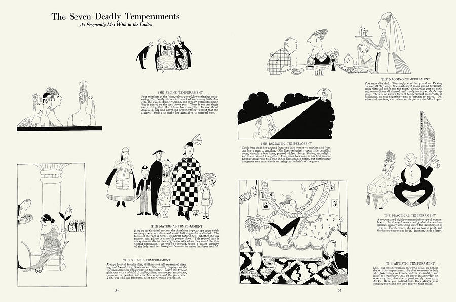 The Seven Deadly Temperaments. Satirical drawing by Anne Fish 1920 Drawing by Ikonographia - Anne Fish
