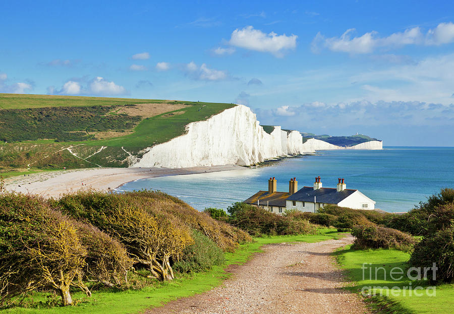 The Seven Sisters cliffs and coastguard cottages, South Downs, East Sussex, England Photograph by Neale And Judith Clark