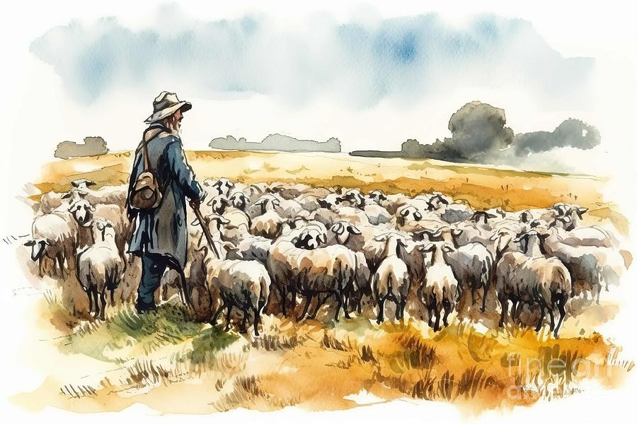 The shepherd with herd of sheep. Hand drawn watercolor The shepherd with herd of sheep. Hand drawn watercolor