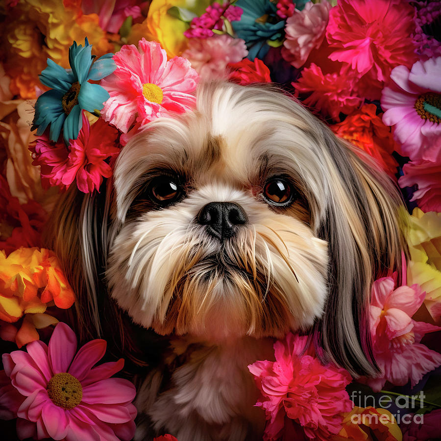 The Shih Tzu's Floral Portrait Digital Art by Vintage Treasure - Fine ...