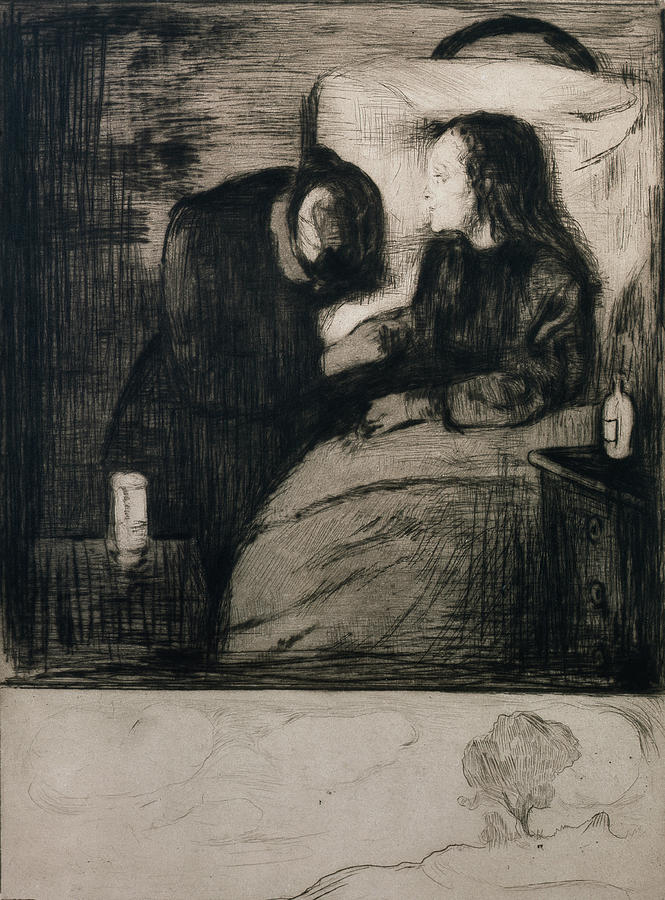 The sick child  Drawing by O Vaering by Edvard Munch