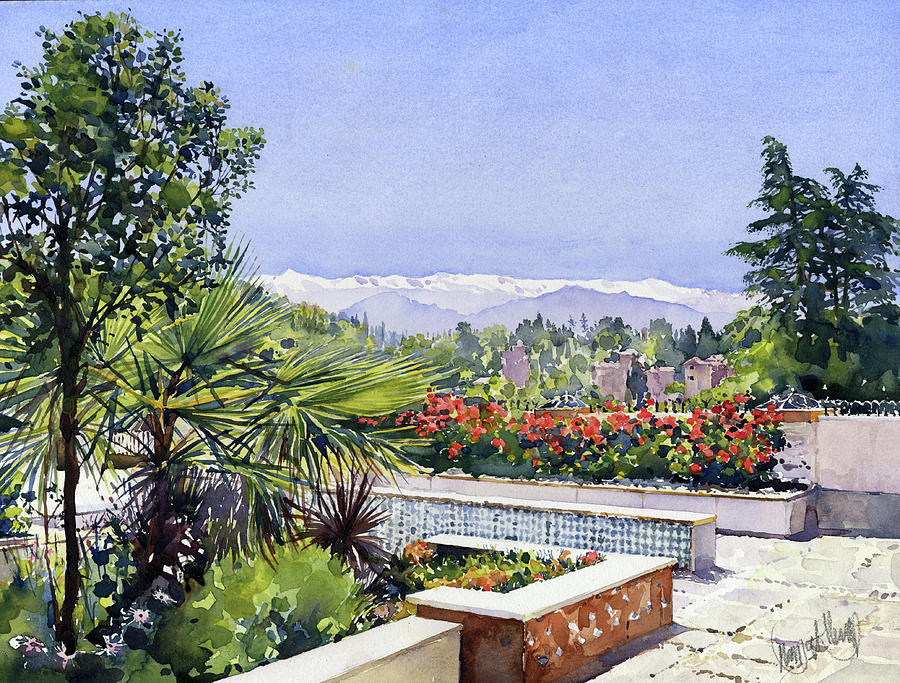 The Sierra Nevada from the gardens of the Mosque Granada Painting by Margaret Merry