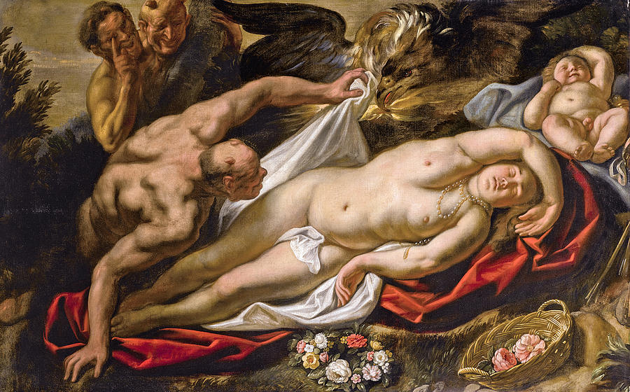 The sleeping Antiope approached by Jupiter  Painting by Jacob Jordaens