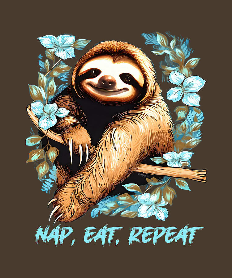 The Sloth Way to Happiness - Napping Eating Repeating Digital Art by OLena Art by Lena Owens - Vibrant DESIGN