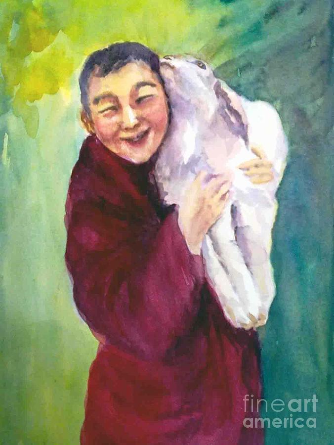 The smiling monk Painting by Asha Sudhaker Shenoy