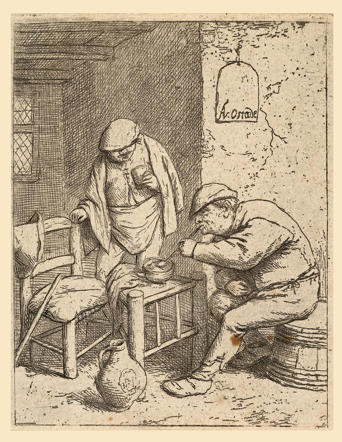 The Smoker and the Drinker Drawing by Adriaen van Ostade