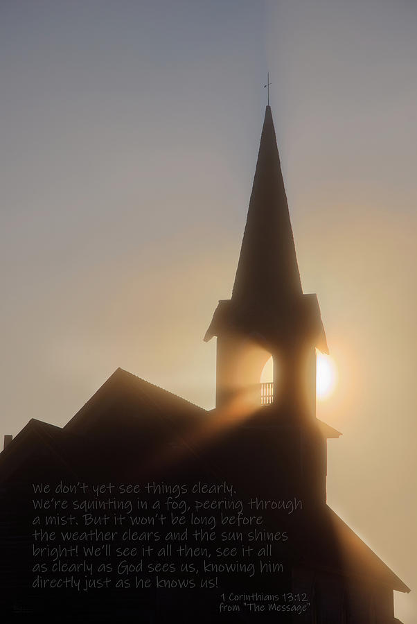 The Sons Lighthouse - sun rays in fog through church steeple with bible verse Photograph by Peter Herman