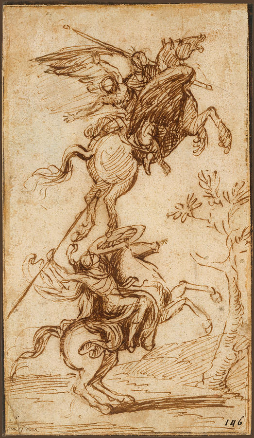 The Sorcerer Atlante Abducting Pinabellos Lady  Drawing by Nicolas Poussin