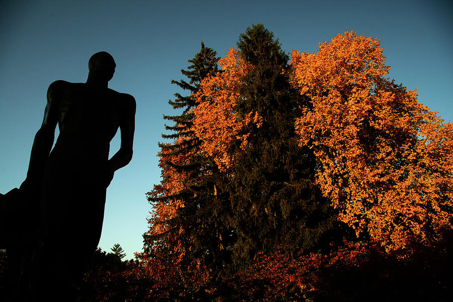 The Spartan Statue with fall trees Photograph by Eldon McGraw