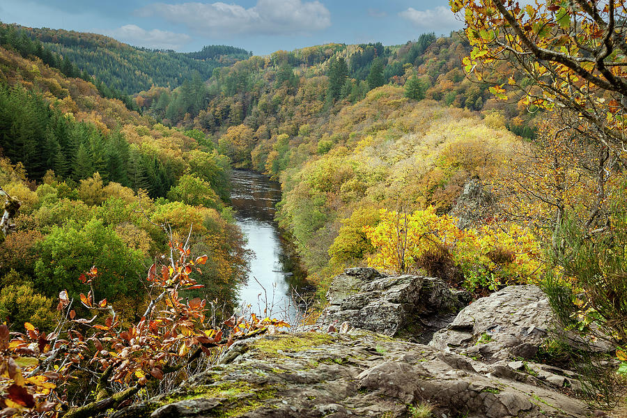 The spectacular cliff Le Herou near the Ourthe river in the Ardennes ...