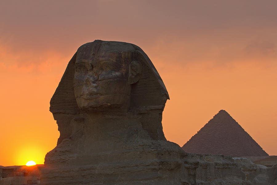 The Sphinx and pyramid at sunset Photograph by Siegfried Layda