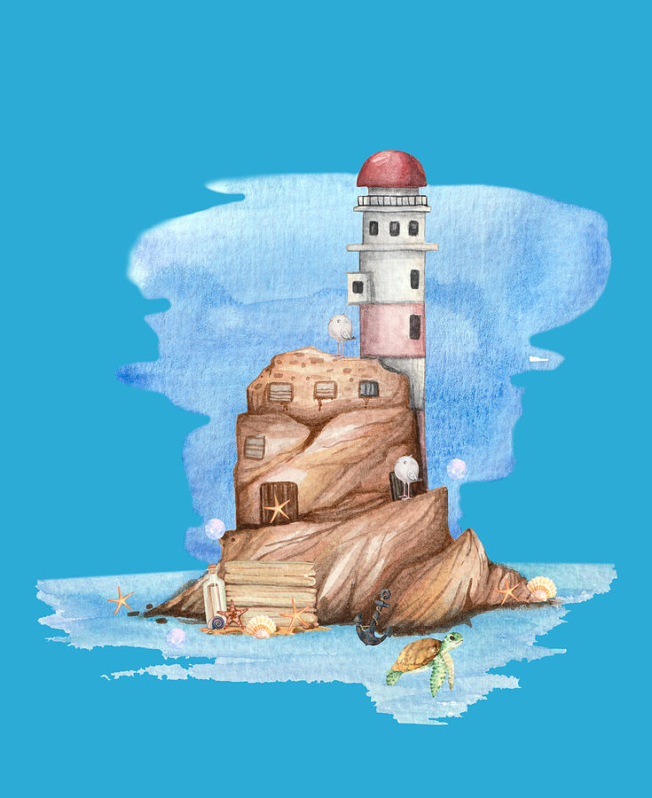 The Spring Chicks Found A Small Island With A Lighthouse.  Mixed Media by Johanna Hurmerinta