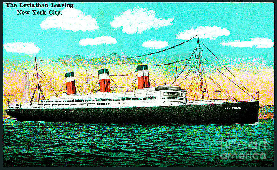 The SS Leviathan Leaving New York City 1928 Postcard Painting by Unknown