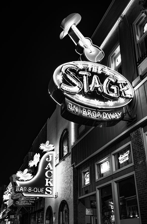 Broadway Photograph - The Stage on Broadway in Black and White - Nashville by Gregory Ballos